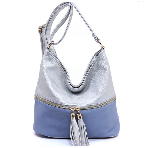 Handbags - Silver & Blue Zip Colorblock Crossbody Bucket Bag